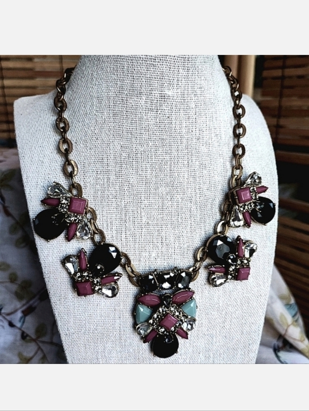 J. Crew Dark Mauve Black Smoke Mint Brass Statement Necklace Lifesaver Clasp EUC